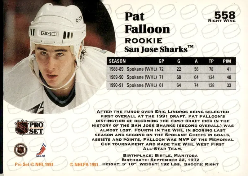 1991-92 Pro Set (Series 2) #558 Pat Falloon (back)