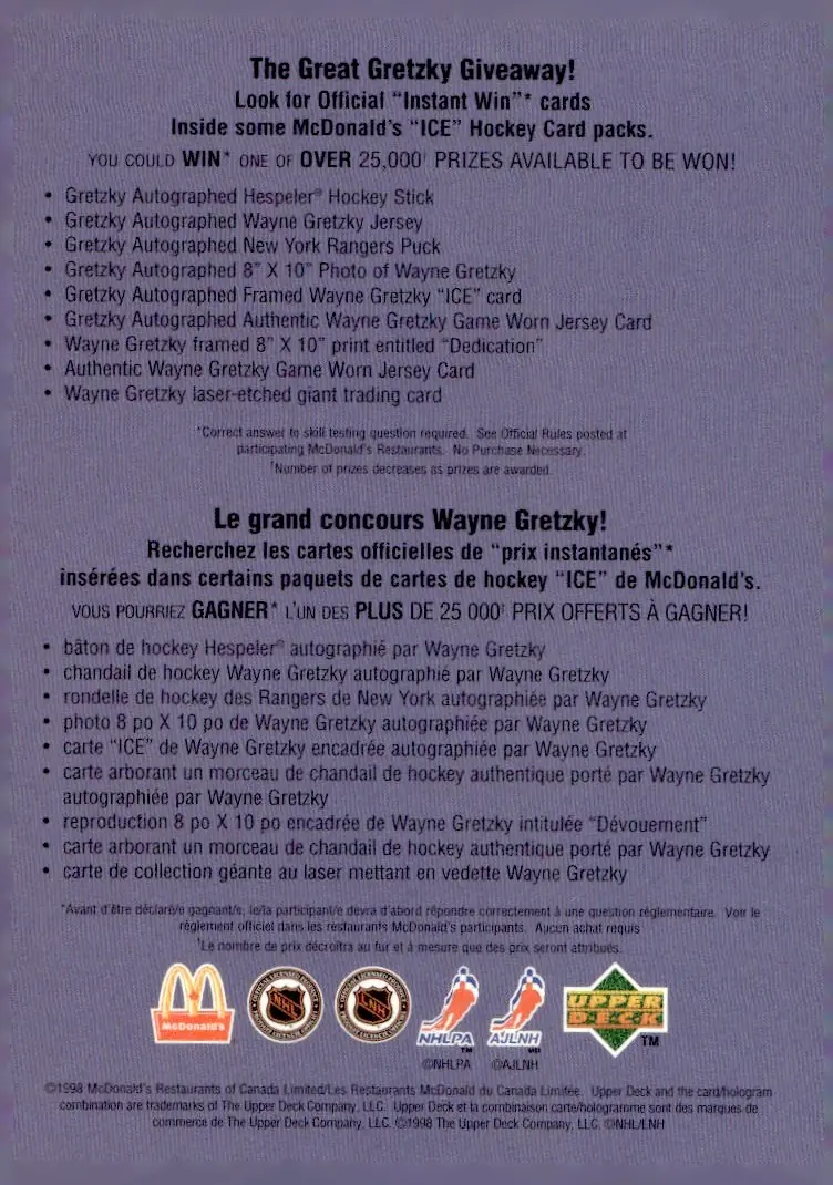 1998-99 Upper Deck McDonald's (Ice) Wayne Gretzky (back)