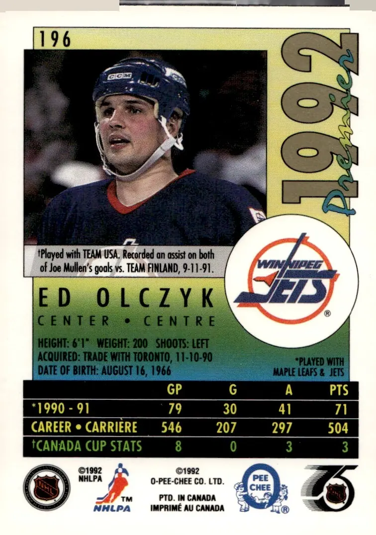 1991-92 O-Pee-Chee Premier #196 Ed Olczyk (back)