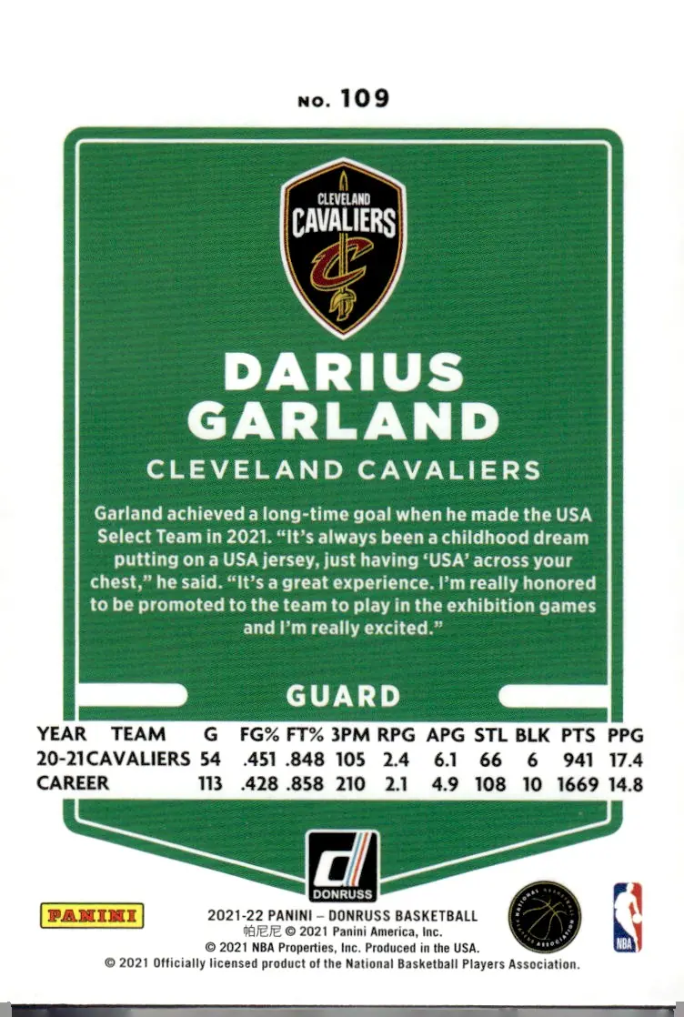 2021-22 Donruss #109 Darius Garland (back)