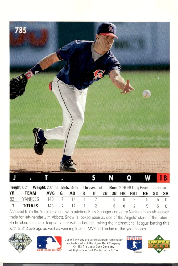 1993 Upper Deck #785 J.T. Snow (back)