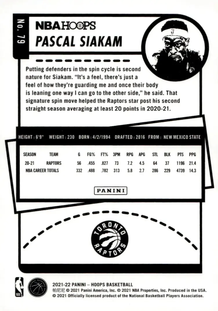 2021-22 NBA Hoops #79 Pascal Siakam (back)