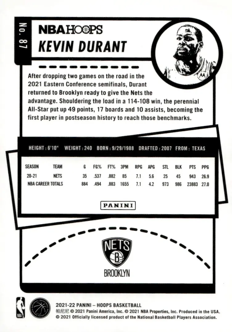 2021-22 NBA Hoops #87 Kevin Durant (back)