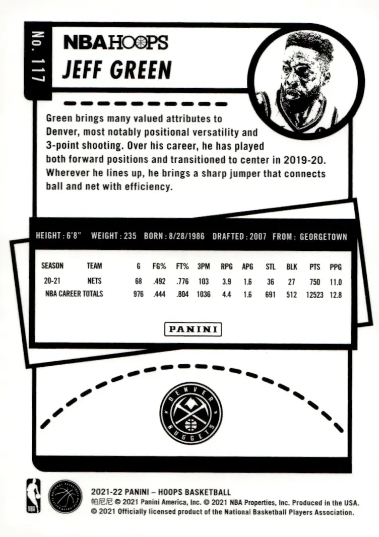 2021-22 NBA Hoops #117 Jeff Green (back)