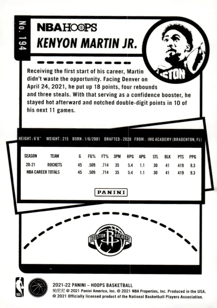 2021-22 NBA Hoops #194 Kenyon Martin Jr. (back)