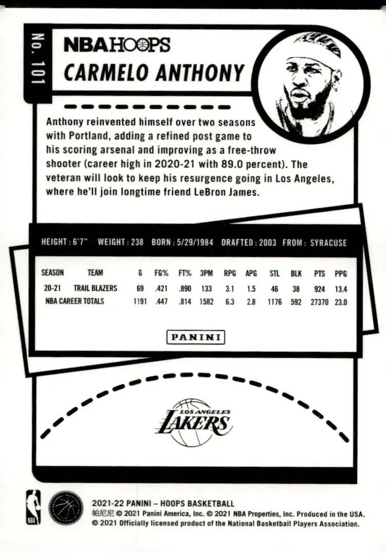 2021-22 NBA Hoops #101 Carmelo Anthony (back)