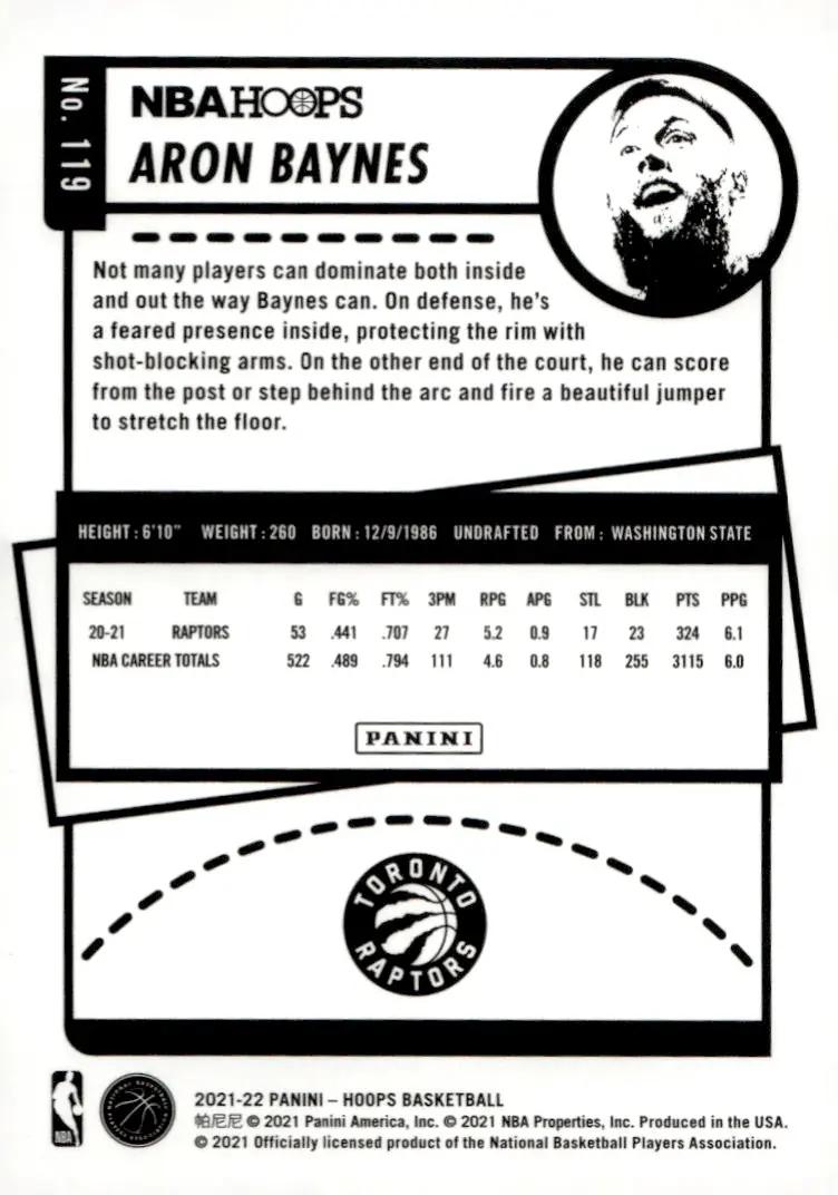 2021-22 NBA Hoops #119 Aron Baynes (back)