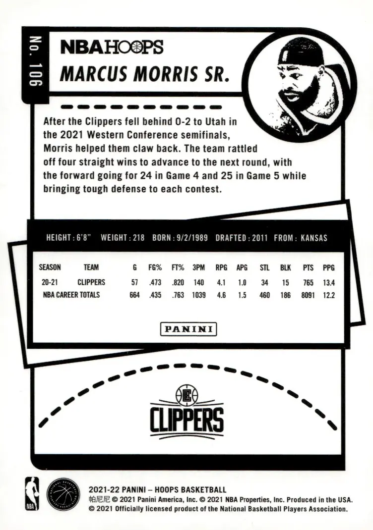 2021-22 NBA Hoops #106 Marcus Morris Sr. (back)