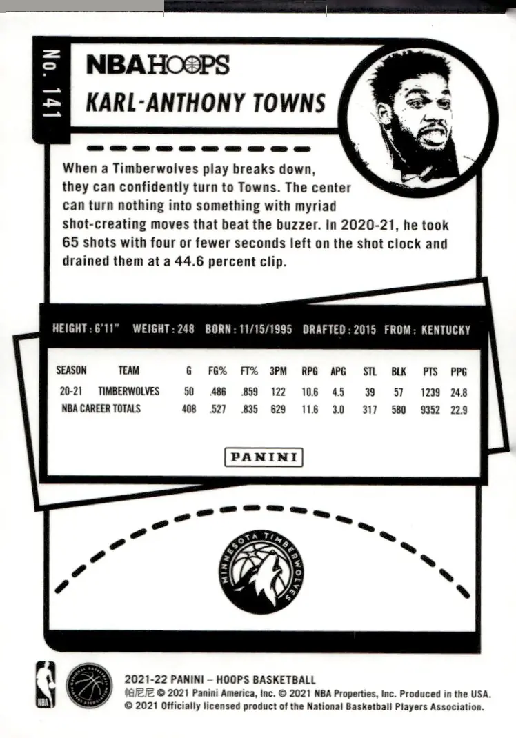 2021-22 NBA Hoops #141 Karl-Anthony Towns (back)