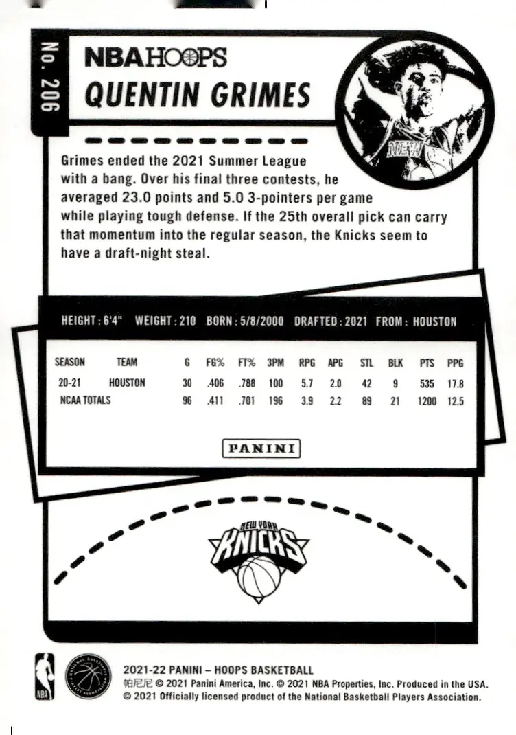 2021-22 NBA Hoops #206 Quentin Grimes (back)
