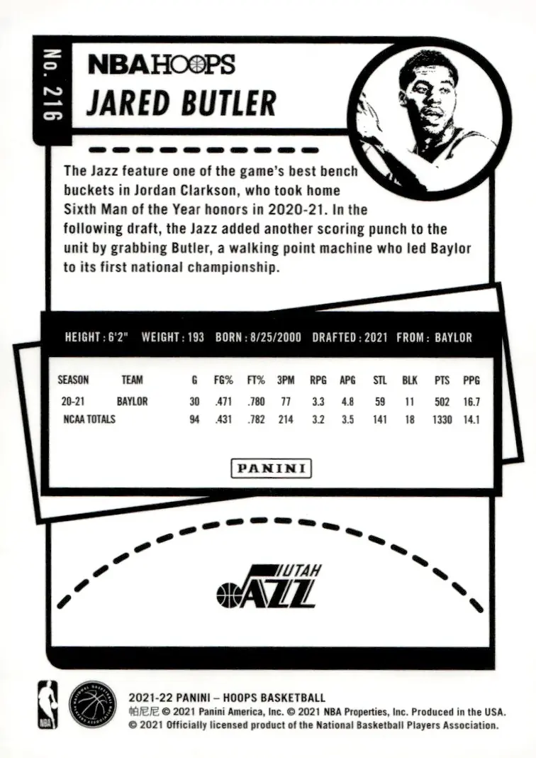 2021-22 NBA Hoops #216 Jared Butler (back)