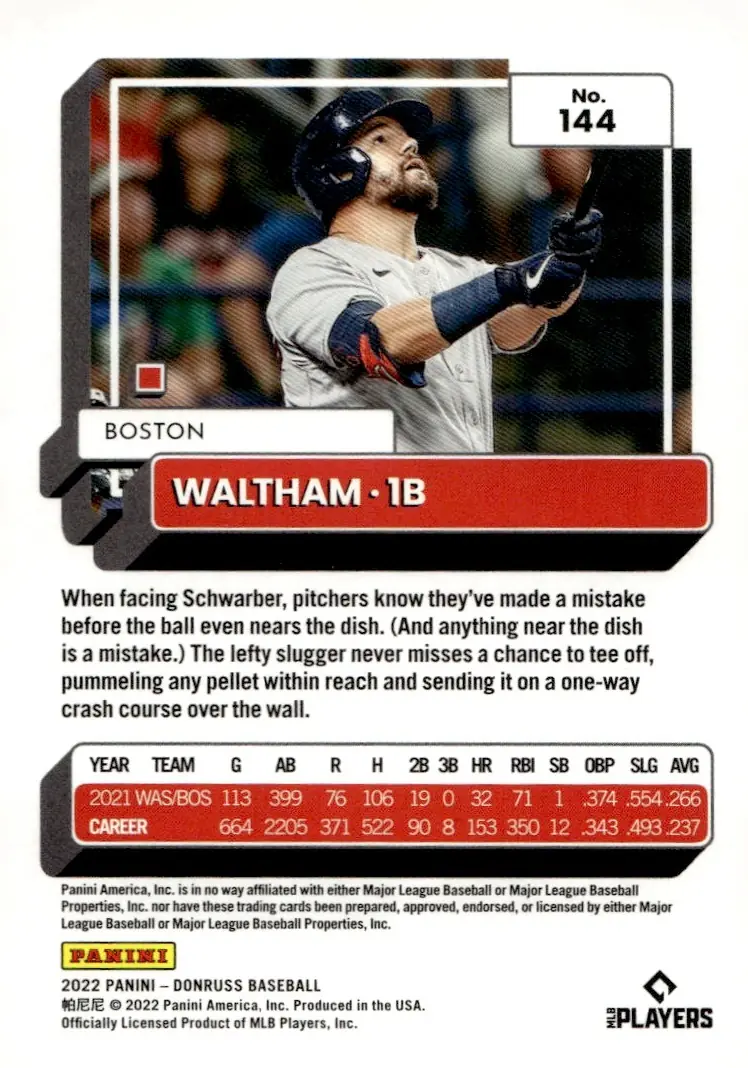 2022 Donruss Baseball #144 Kyle Schwarber (back)