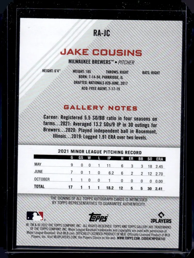 2022 Topps Gallery #RA-JC Jake Cousins (back)