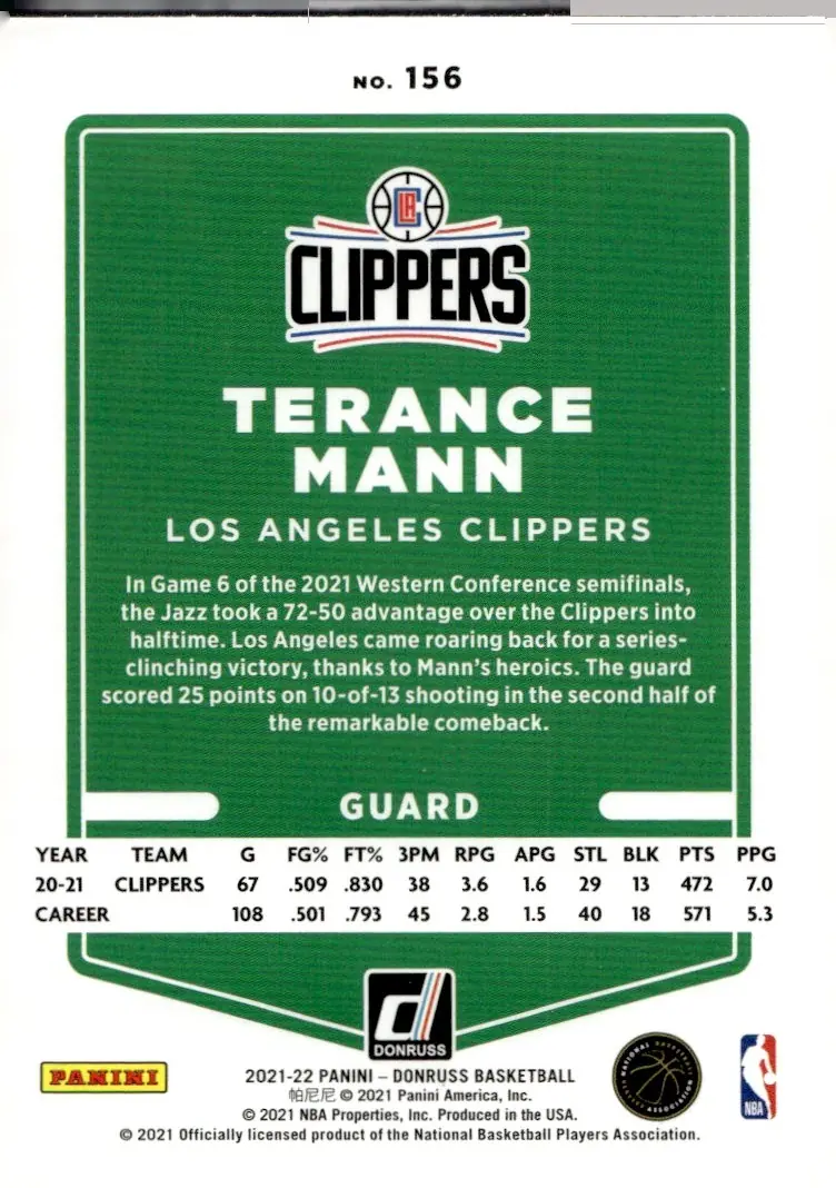 2021-22 Donruss #156 Terance Mann (back)