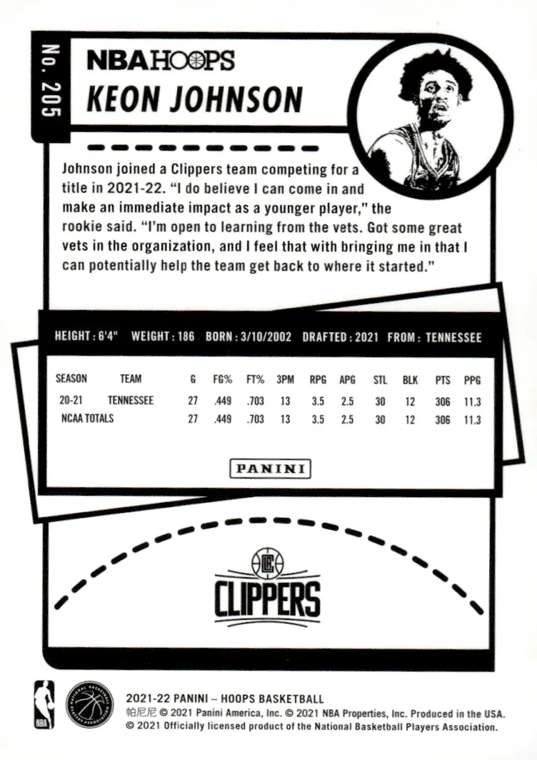 2021-22 NBA Hoops #205 Keon Johnson (back)