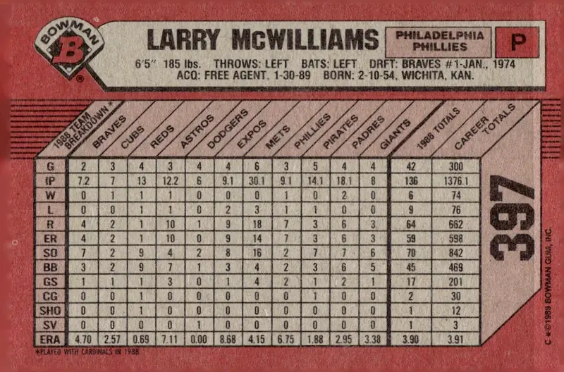 1989 Bowman #397 Larry McWilliams (back)