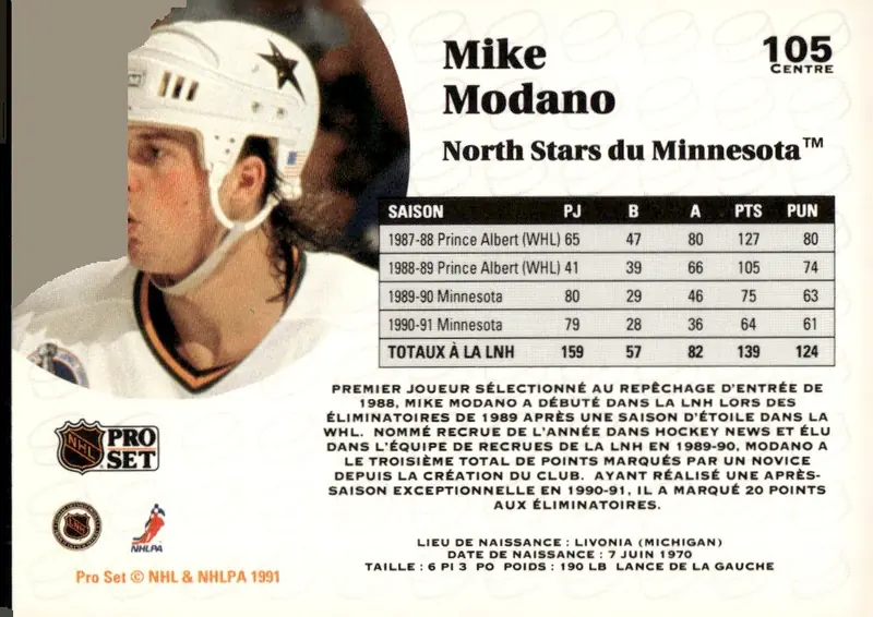 1991-92 Pro Set (French/Bilingual Edition) #105 Mike Modano – French edition (back)
