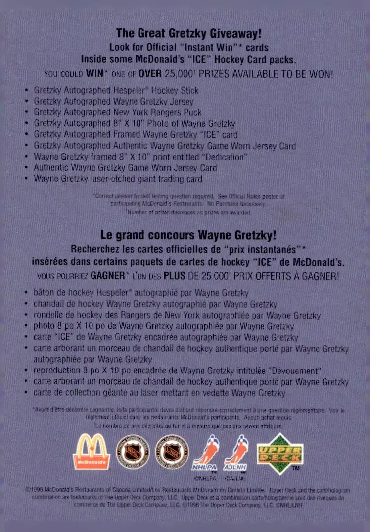 1998-99 Upper Deck McDonald's Checklist (back)