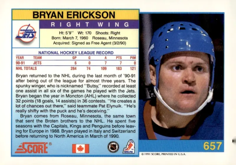 1991-92 Score Canadian English #657 Bryan Erickson (back)