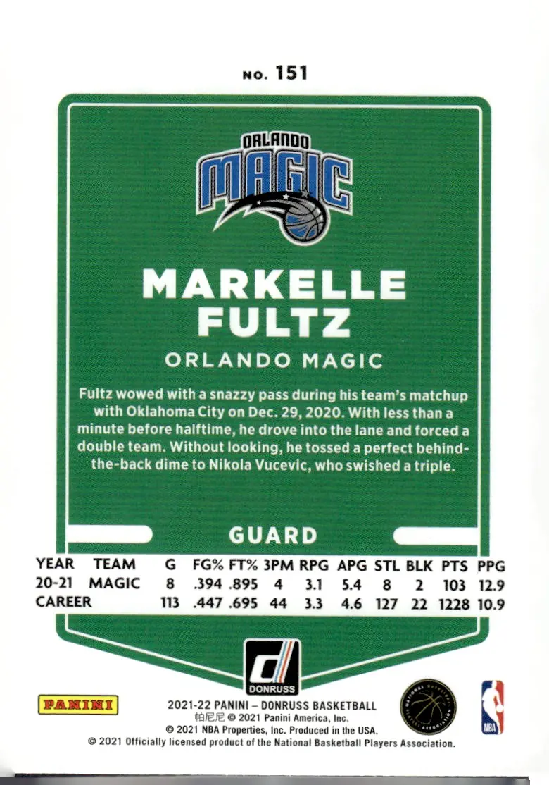 2021-22 Donruss #151 Markelle Fultz (back)