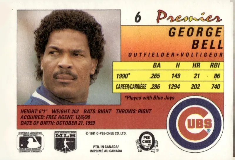 1991 O-Pee-Chee Premier #6 George Bell (back)