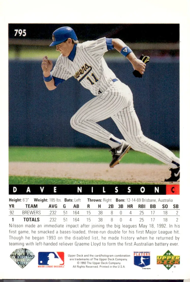 1993 Upper Deck #795 Dave Nilsson (back)