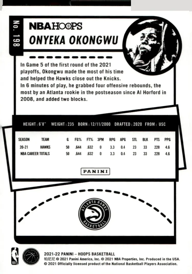 2021-22 NBA Hoops #198 Onyeka Okongwu (back)