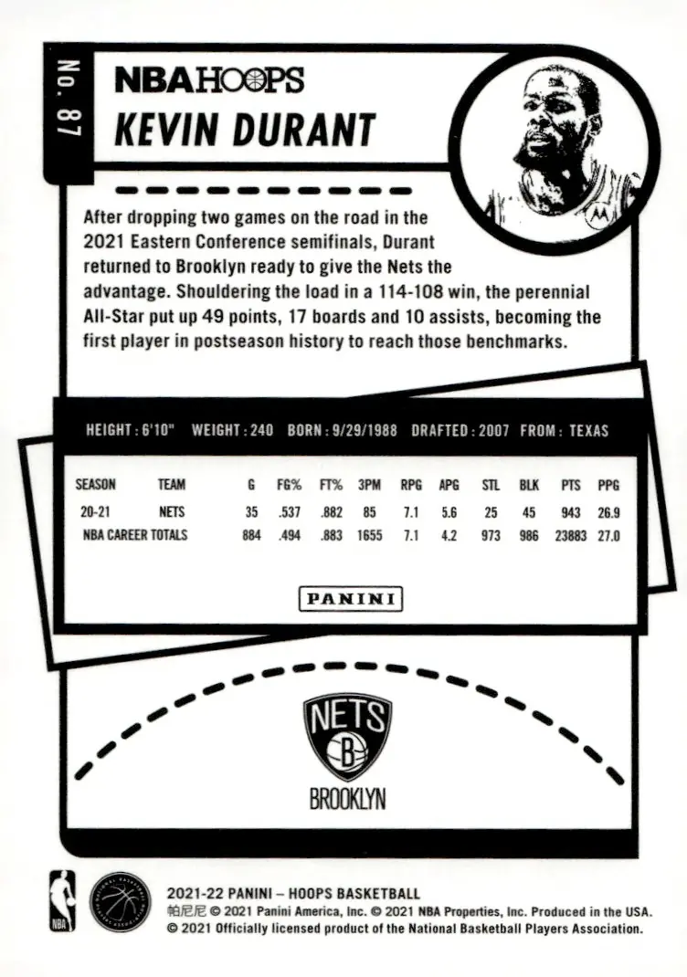 2021-22 NBA Hoops #87 Kevin Durant (back)