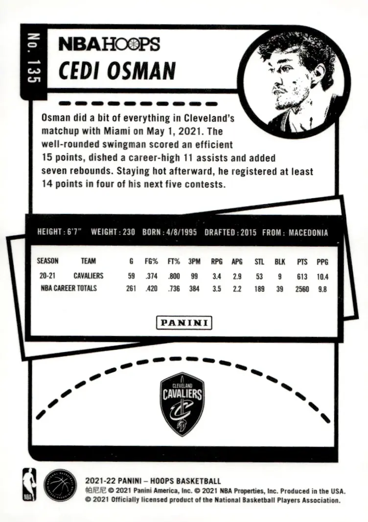 2021-22 NBA Hoops #135 Cedi Osman (back)