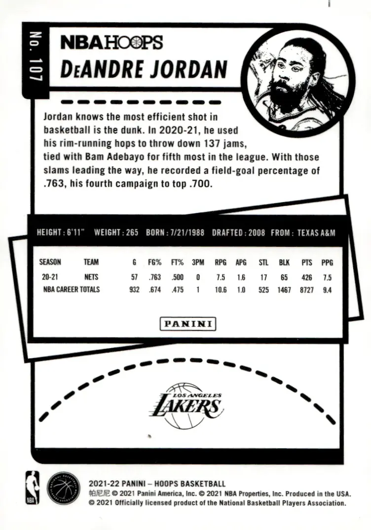 2021-22 NBA Hoops #107 DeAndre Jordan (back)