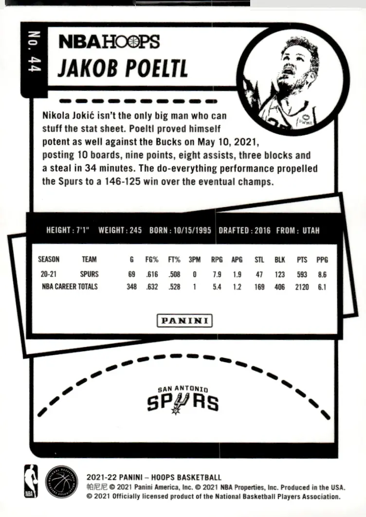 2021-22 NBA Hoops #44 Jakob Poeltl (back)