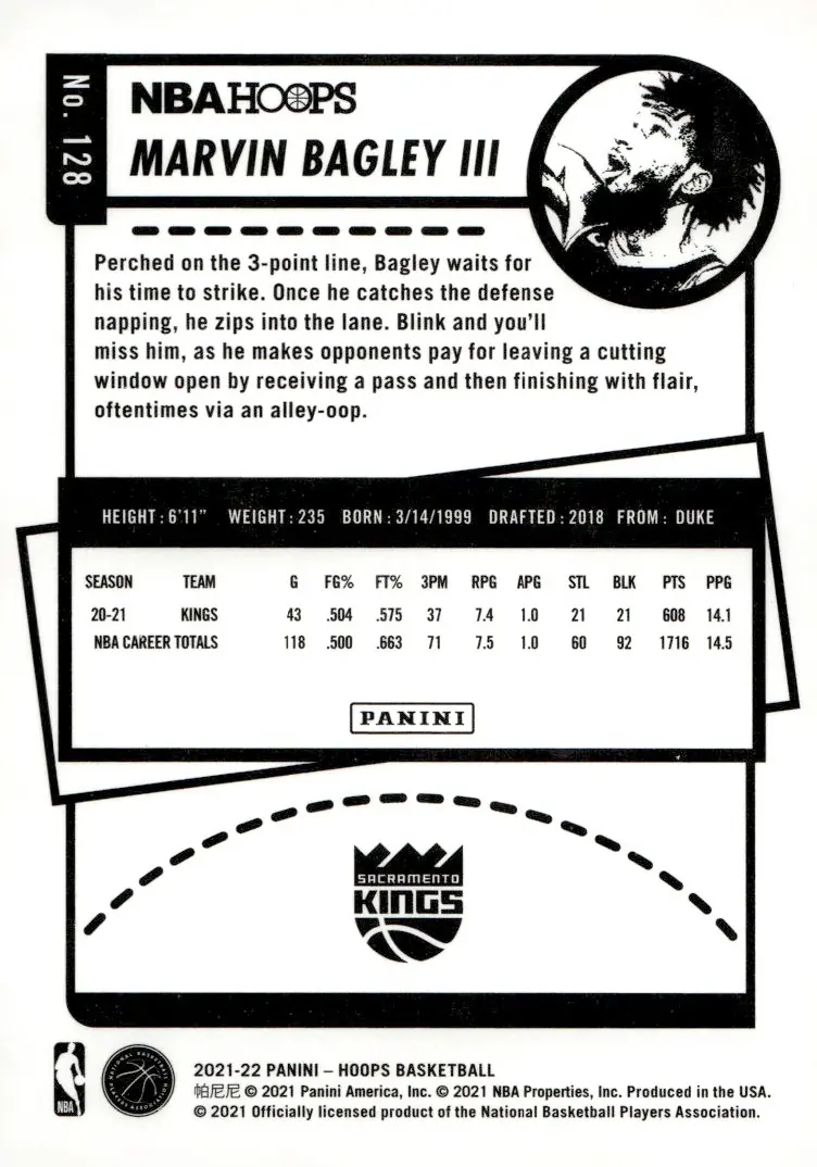 2021-22 NBA Hoops #128 Marvin Bagley III (back)
