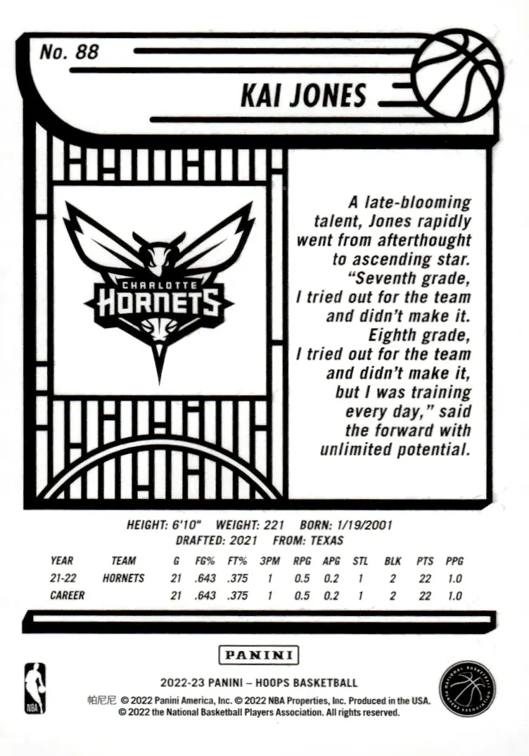 2022-23 NBA Hoops #88 Kai Jones (back)