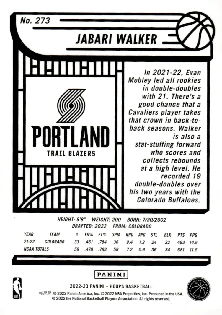2022-23 NBA Hoops #273 Jabari Walker (back)