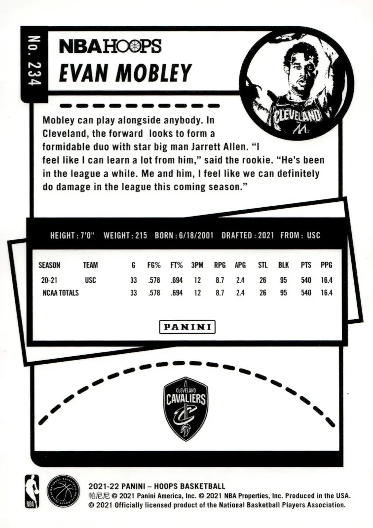 2021-22 NBA Hoops #234 Evan Mobley (back)