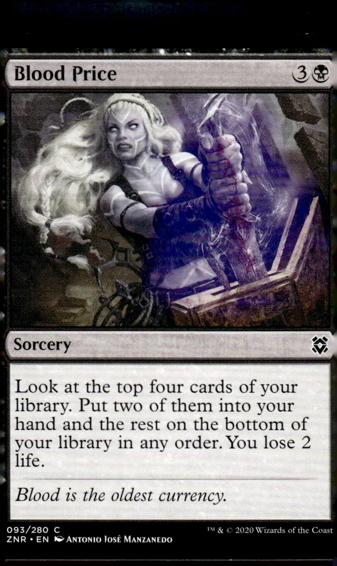 2020 Zendikar Rising (ZNR) #093/280 Blood Price (card name); art by Antonio José Manzanedo (front)