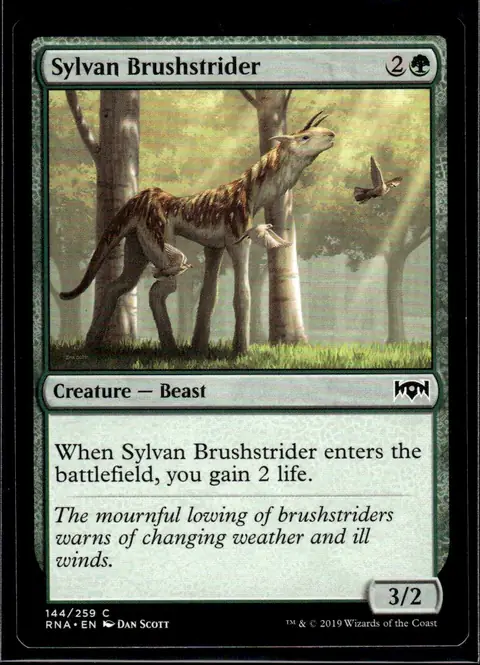 2019 Ravnica Allegiance (RNA) #144/259 Sylvan Brushstrider (Creature — Beast, 3/2); art by Dan Scott
