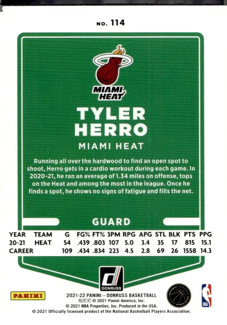 2021-22 Donruss Basketball #114 Tyler Herro (back)