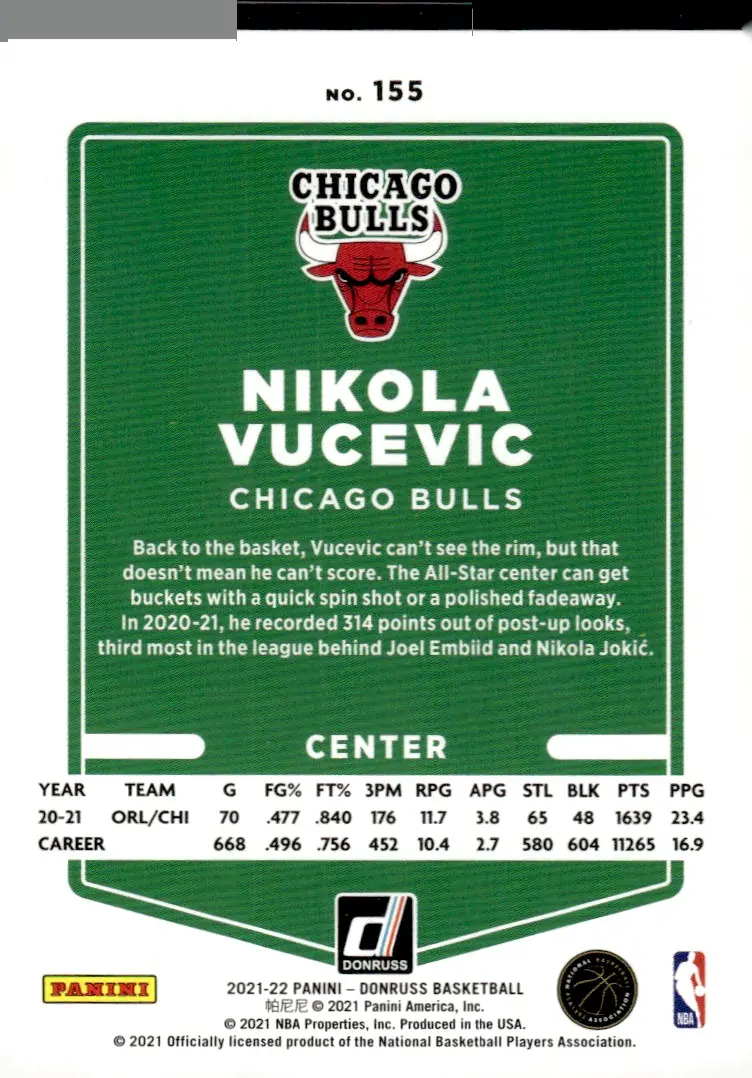2021-22 Donruss #155 Nikola Vucevic – Holo Red Laser (back)