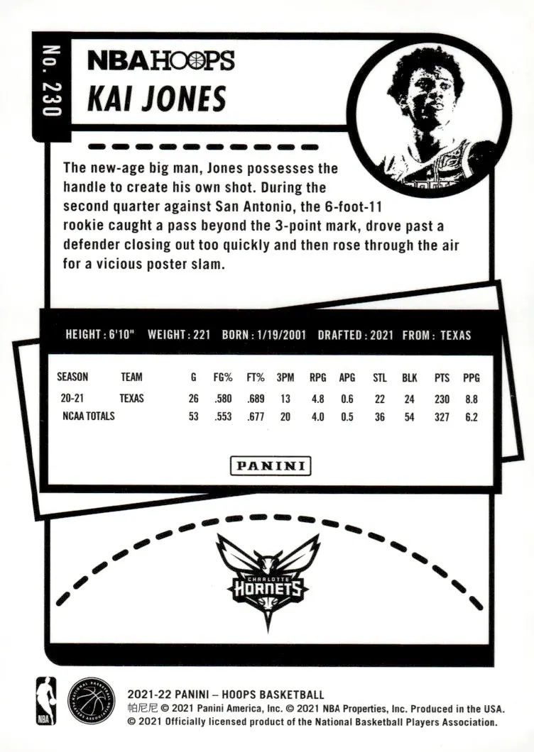 2021-22 NBA Hoops #230 Kai Jones (back)