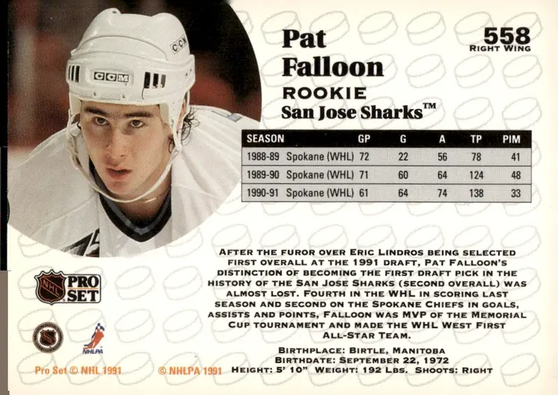 1991-92 Pro Set (Series 2) #558 Pat Falloon (back)