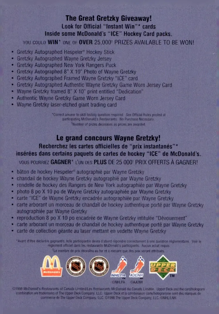1998-99 Upper Deck Ice McDonald's (Canada) Checklist (back)