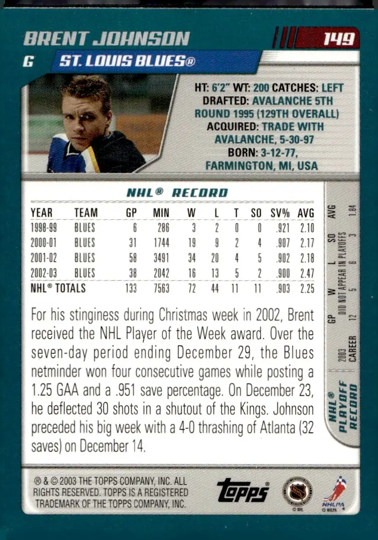 2003-04 Topps #149 Brent Johnson (back)