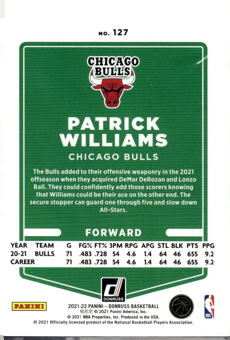2021-22 Donruss #127 Patrick Williams (back)