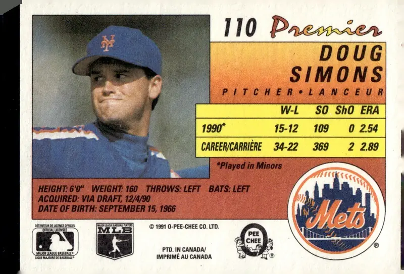 1991 O-Pee-Chee Premier #110 Doug Simons (back)