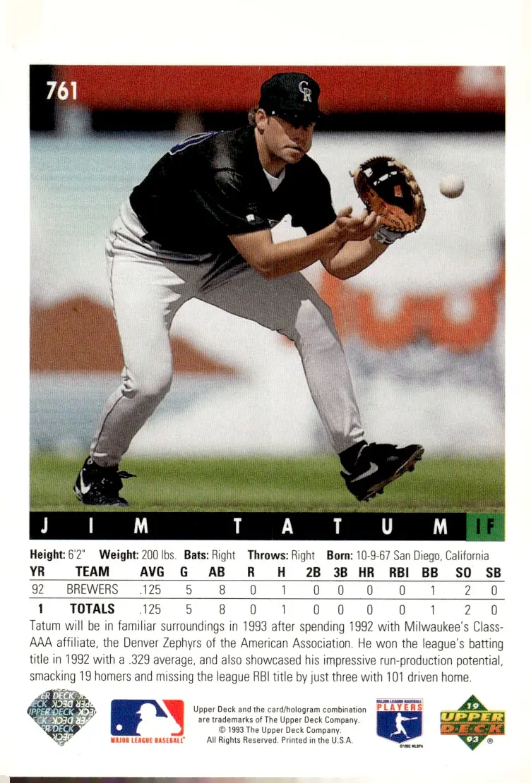 1993 Upper Deck #761 Jim Tatum (back)
