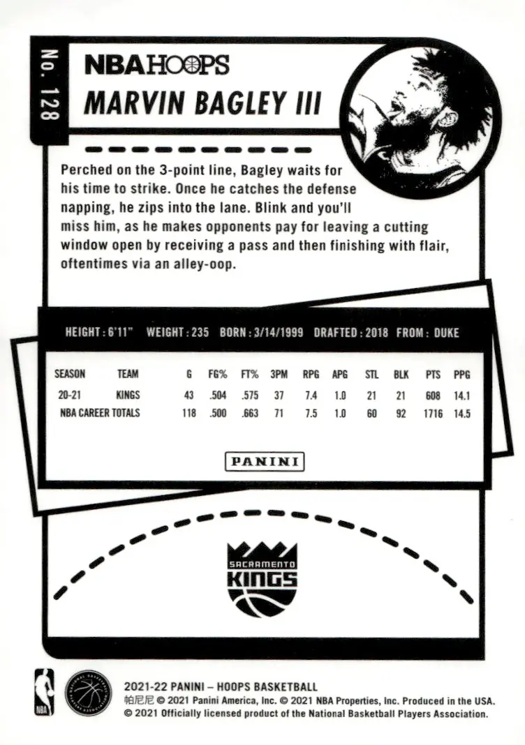 2021-22 NBA Hoops #128 Marvin Bagley III (back)