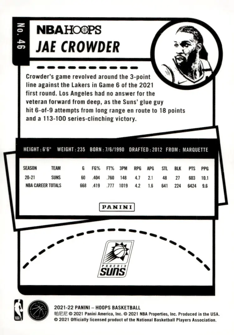 2021-22 NBA Hoops #46 Jae Crowder (back)