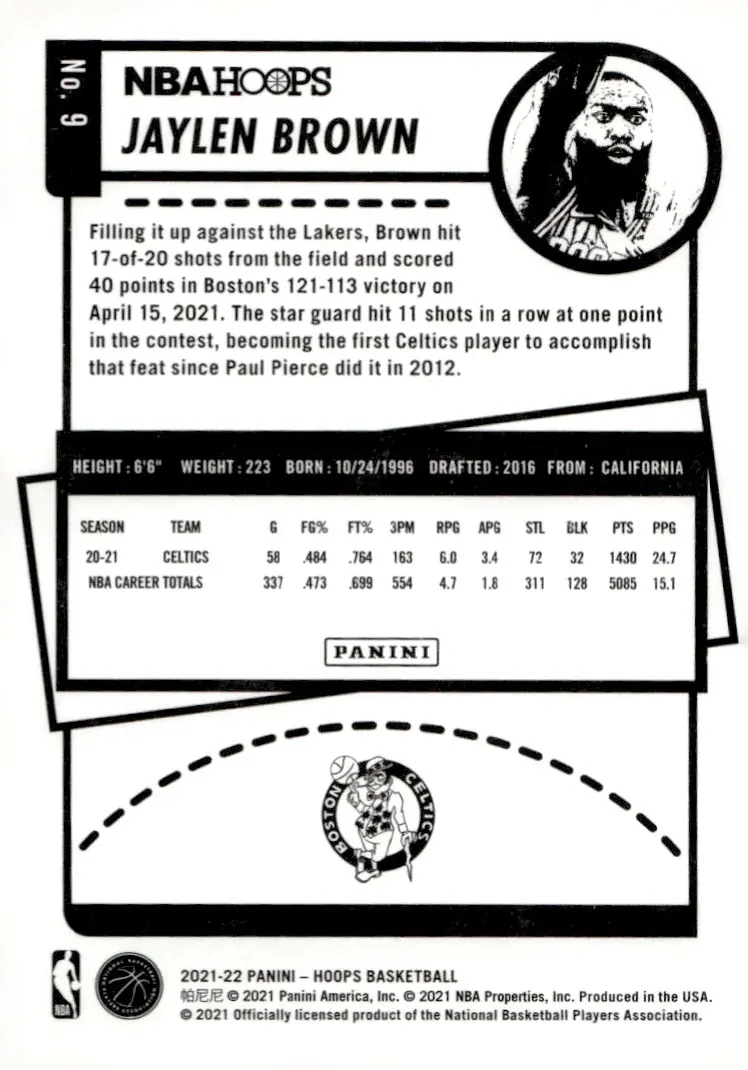 2021-22 NBA Hoops #9 Jaylen Brown (back)