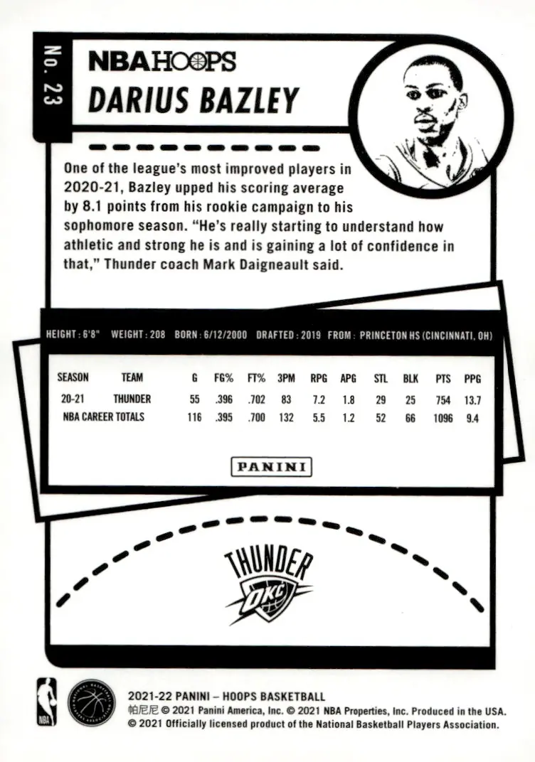 2021-22 NBA Hoops #23 Darius Bazley (back)